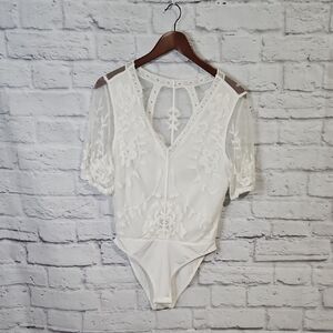 White Flutter Sleeve Lacey Bodysuit